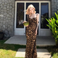 Large French Sexy Leopard Square Neck Suspender Dress Holiday Backless Long Dress R1875