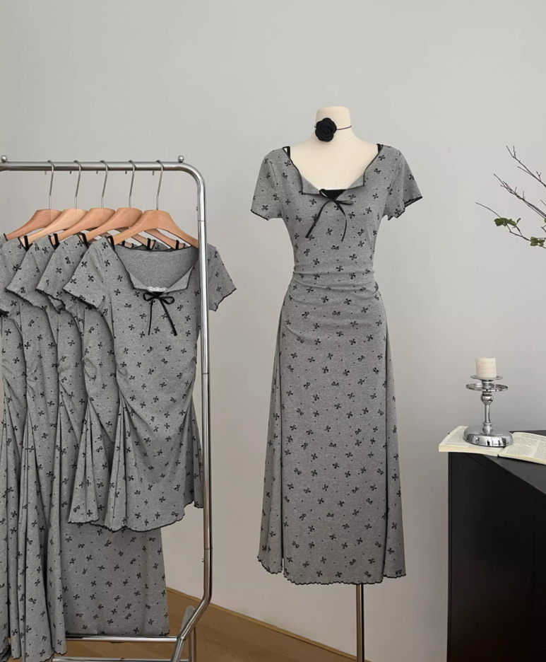 Gray bow polka dot dress new style skirt waist slimming fake two-piece short skirt R1981
