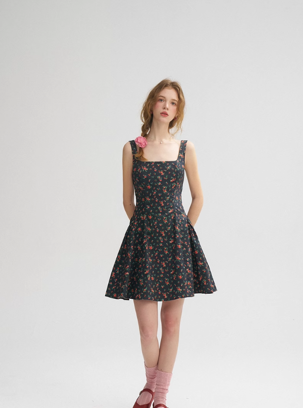 French Retro Floral Sling Dress Sleeveless Short Skirt R2760