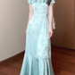 Large size French U-neck tea break ruffle dress retro exquisite slim fit blue dress R1881