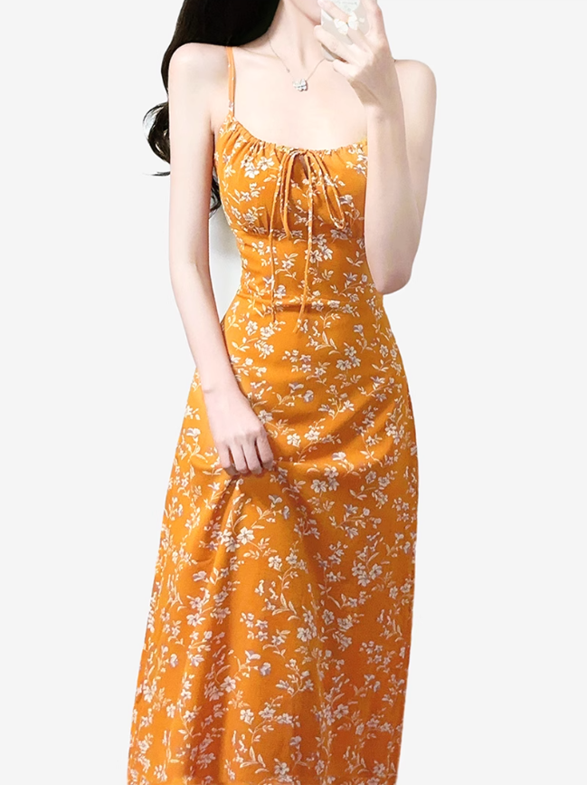 2025 Summer New Yellow Floral Sexy V-neck Mid-length Holiday Suspender Dress R0964