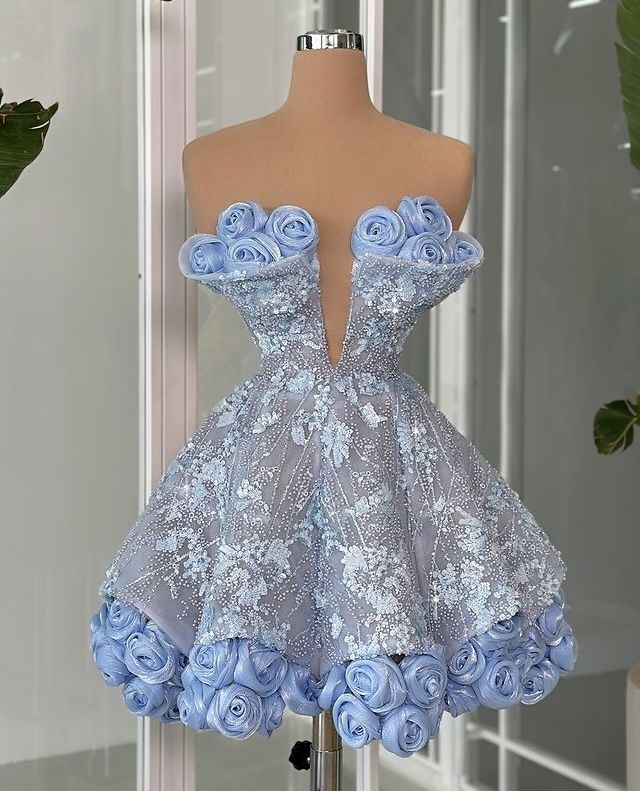 Blue tube top three-dimensional flower waist diamond pearl sexy cute princess puffy skirt homecoming dress R4101