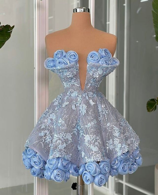 Blue tube top three-dimensional flower waist diamond pearl sexy cute princess puffy skirt homecoming dress R4101