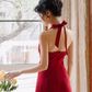 Retro skirt halter neck dress sexy backless wine red temperament slit dress skirt R1512