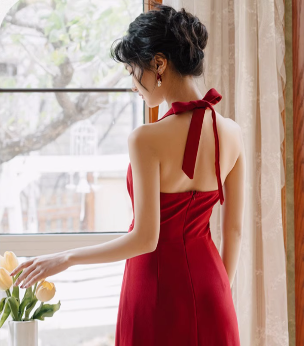 Retro skirt halter neck dress sexy backless wine red temperament slit dress skirt R1512