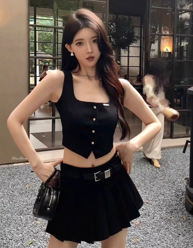 High-end short vest vest top 2025 plus size hot girl street pleated skirt suit R1368