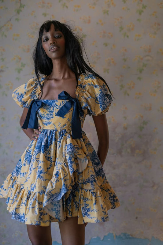 Retro yellow background blue floral puff sleeve waist slim short skirt homecoming dress R3588