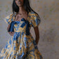 Retro yellow background blue floral puff sleeve waist slim short skirt homecoming dress R3588