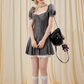 College style lace stitching gray puff short sleeve waist pleated dress R5210