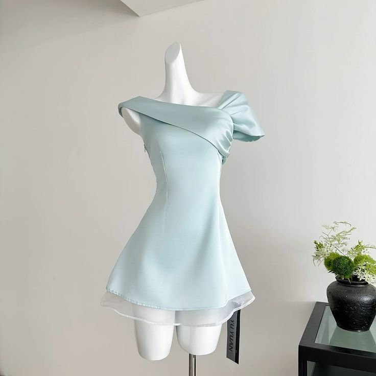 Light blue satin asymmetric neckline slim waist A-line short skirt homecoming dress R3894