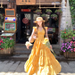 Yellow long v-neck small flying sleeve waist dress summer French retro temperament lace skirt R4578