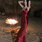 Retro suspenders red acetate swing collar hip-wrapped backless slim holiday inner skirt R1432