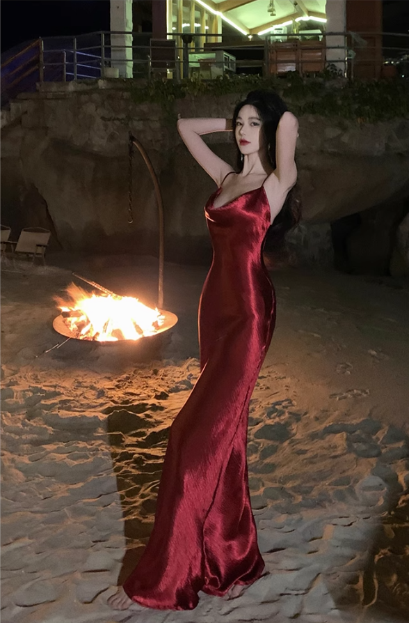 Retro suspenders red acetate swing collar hip-wrapped backless slim holiday inner skirt R1432