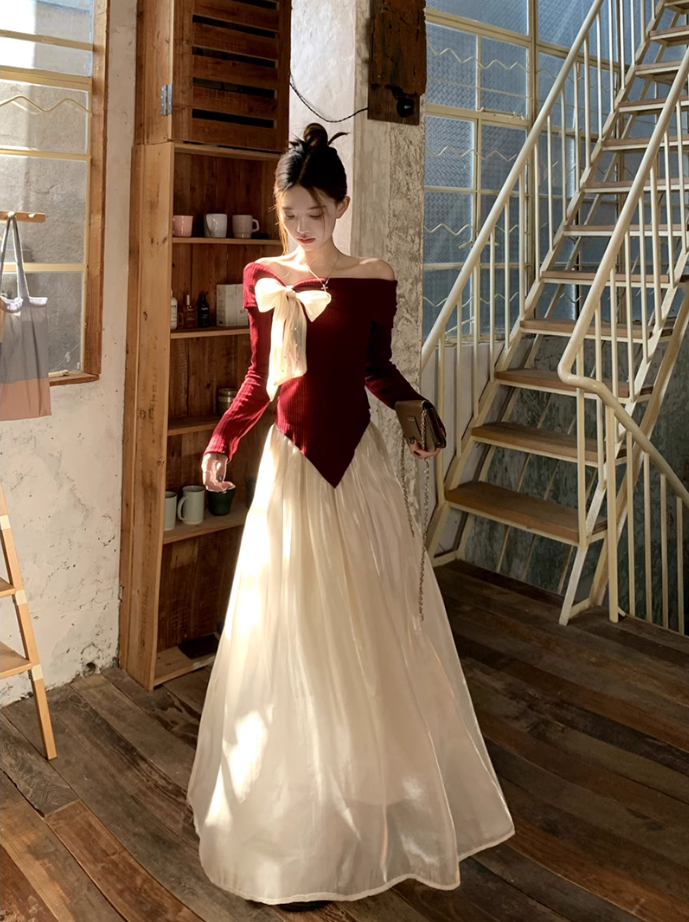 Fairy temperament high-end suit one-shoulder bow sweater with skirt two-piece suit R1725