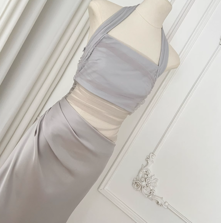 Yuji Tear Net Satin Splicing Dress New Design Waist Slimming Hip Skirt R2171