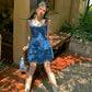 Blue denim suspenders waist A-line short skirt homecoming dress R3443