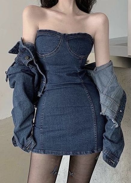 Blue denim tube top sexy waist skirt homecoming dress R2848