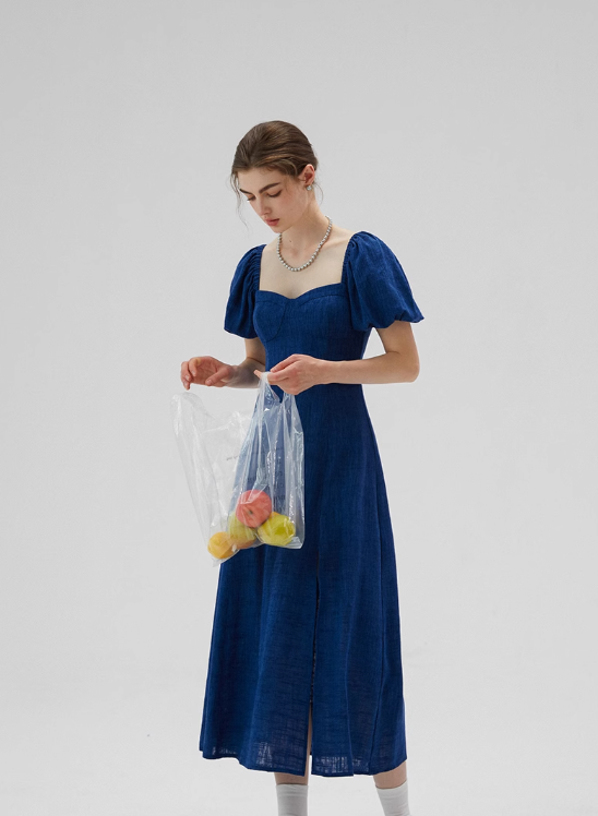 Blue French dress puff sleeves skirt retro style small square collar tea break long dress female summer R3456