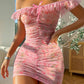 Pink floral one-shoulder slim waist pleated hip skirt homecoming dress R3200