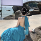 Blue seaside holiday long dress cake dress halter neck backless dress waist beach dress R1589