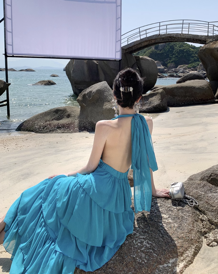 Blue seaside holiday long dress cake dress halter neck backless dress waist beach dress R1589