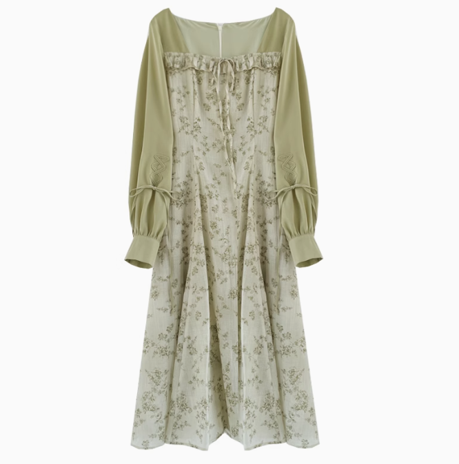 Spring new temperament green floral dress travel holiday dress R1924