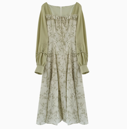 Spring new temperament green floral dress travel holiday dress R1924