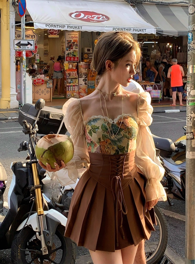 Short square collar shirt high waist A-line skirt suit French two-piece suit R4990