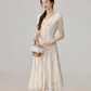 French style gentle lace stitching apricot dress waist long skirt R1926