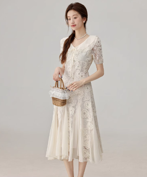 French style gentle lace stitching apricot dress waist long skirt R1926