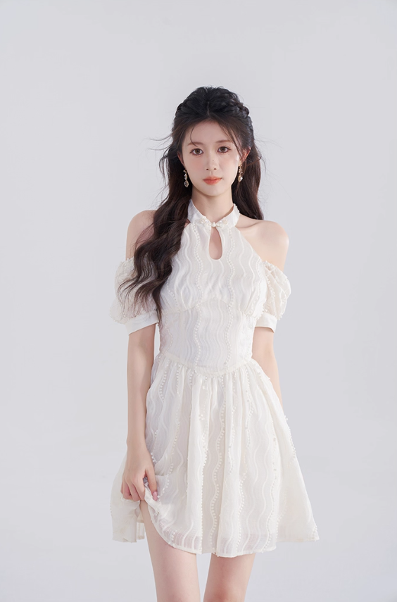 French dress new summer style beautiful temperament waist slimming white short skirt R4503