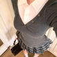 College Style Fake Two-piece Knit Top 2025 Plaid Pleated Skirt Set R1341