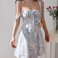 Retro blue and white porcelain print suspender skirt waist tie dress R2851