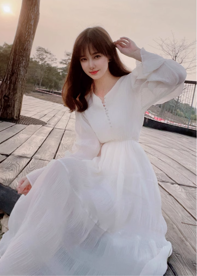 Tea break French style white beach dress waist slimming holiday long dress chiffon dress R1696