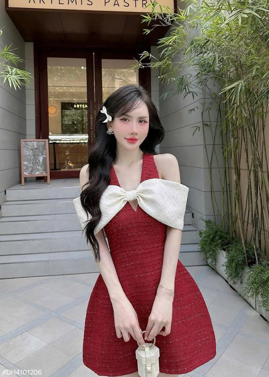 Red halter neck bow waist A-line slim mini skirt homecoming dress R3587