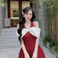 Red halter neck bow waist A-line slim mini skirt homecoming dress R3587