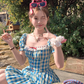 Square collar plaid waist short sleeve dress women's summer French style skirt R4826