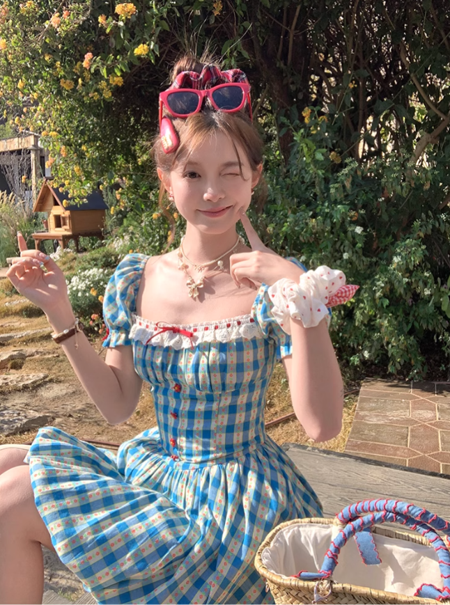 Square collar plaid waist short sleeve dress women's summer French style skirt R4826