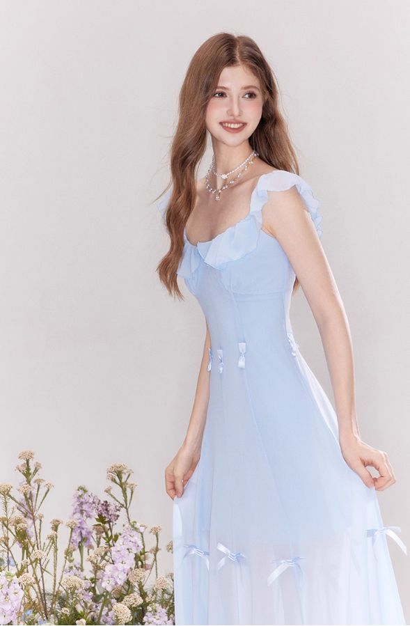 Holiday-style bow-knot two-way design French waist blue dress R4541