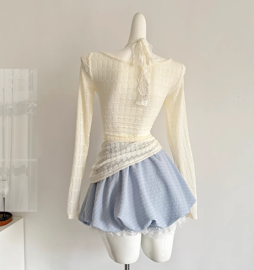 Sweet and slim halter neck fake two-piece top and skirt suit R2000