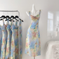 French floral sling waist dress tea break gentle temperament long dress R2016