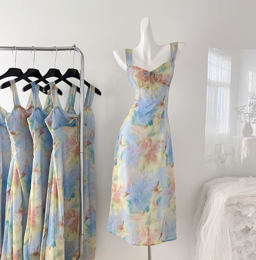 French floral sling waist dress tea break gentle temperament long dress R2016