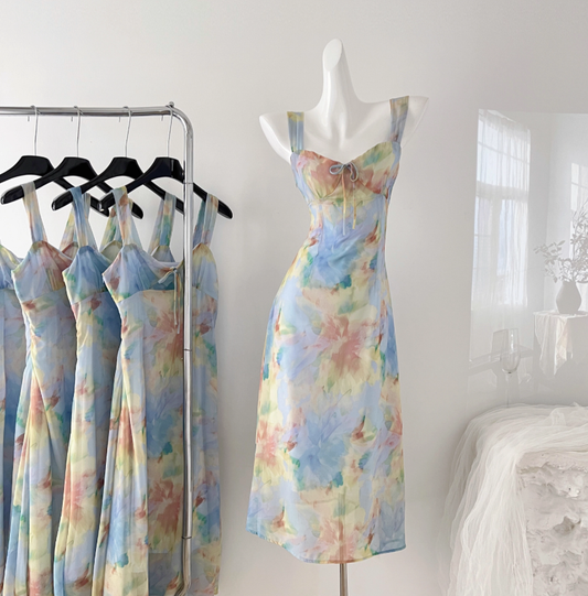 French floral sling waist dress tea break gentle temperament long dress R2016