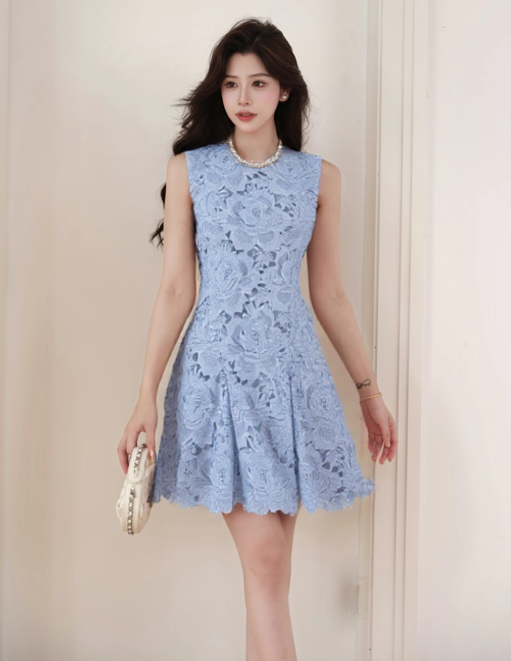 Blue heavy diamond crocheted hollow sleeveless Chanel style short dress R4077