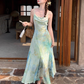 Waist-hugging, swaying neckline, gradient color fishtail A-line dress, summer French temperament suspender skirt R4701