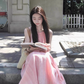 Sexy drawstring suspender dress gentle loose gradient pink niche design long skirt R1547