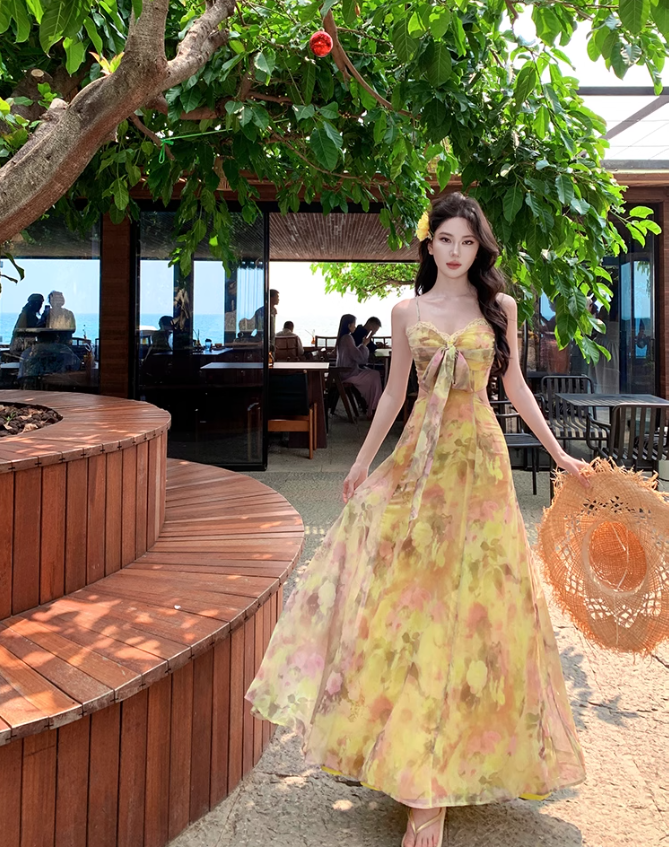 Gentle style floral suspender dress with backless and beautiful long dress R0561