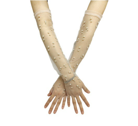 Wedding Long Tulle Pearl Bridal Gloves Lace Opera Evening Transparent Gloves     S6229