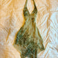 Green retro floral halter neck slim waist short skirt with irregular hem homecoming dress R2685