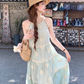 Green long sleeveless suspender dress women's summer French temperament A-line skirt R4865